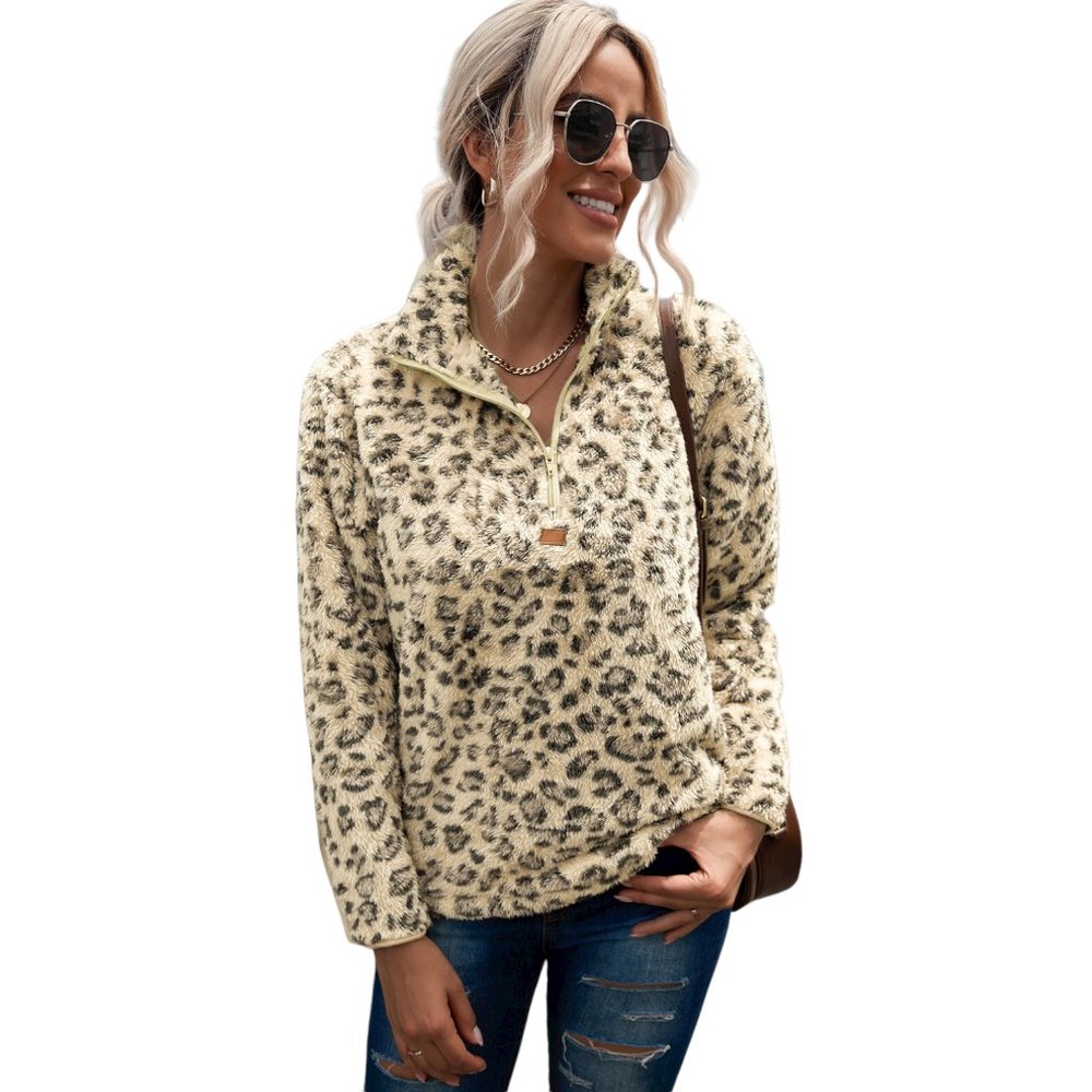 Women Leopard Quarter-Zip Fleece Sweatshirt - Picture 3 of 5
